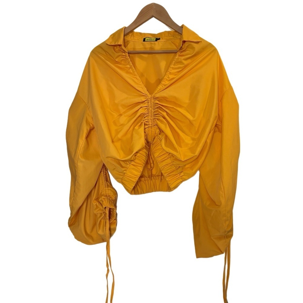 Love, Highlight sunshine yellow cropped ruched long sleeve top